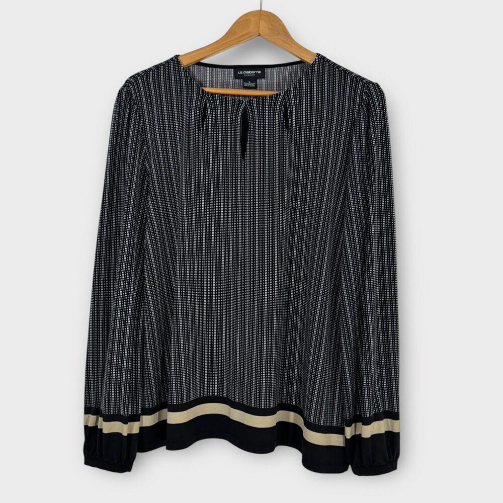 Liz Claiborne Career Women’s Size Large Black Striped Print Cut Out Blouse